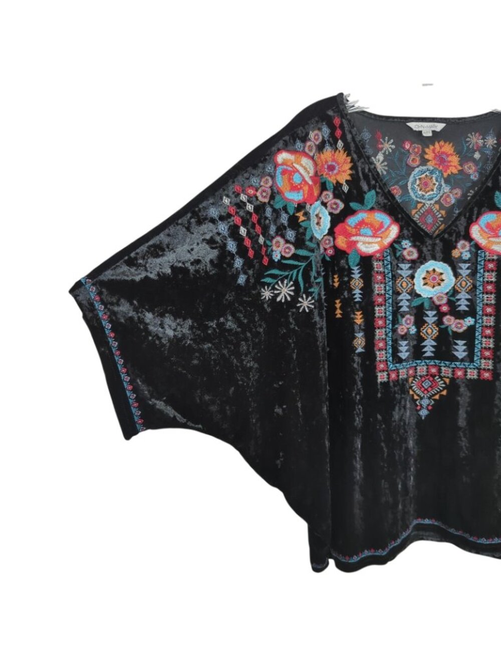 John Mark Blouse Womens S/M Black Velvet Embroidered Floral Boho Kimono Top - Picture 4 of 11